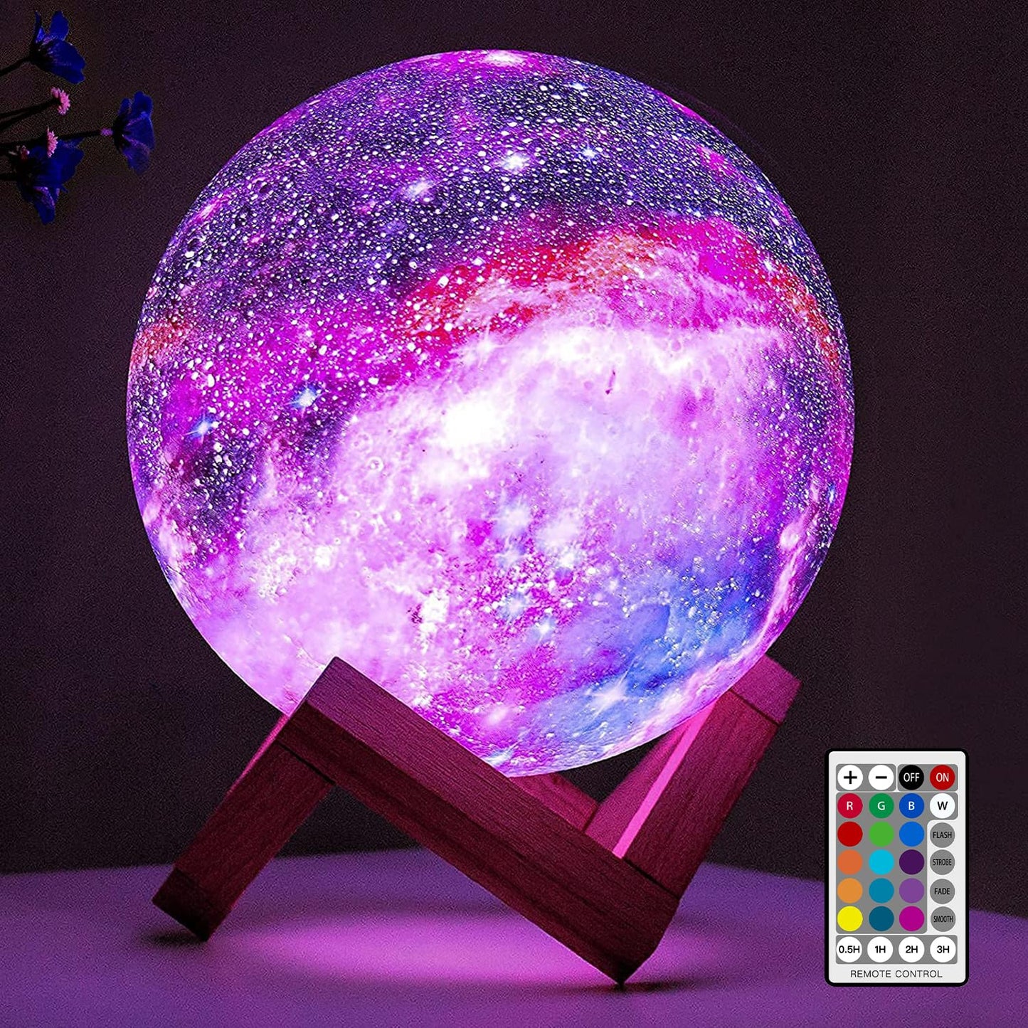 3D Galaxy Moon Lamp: 16-Color LED Night Light with Remote (Wooden Base)