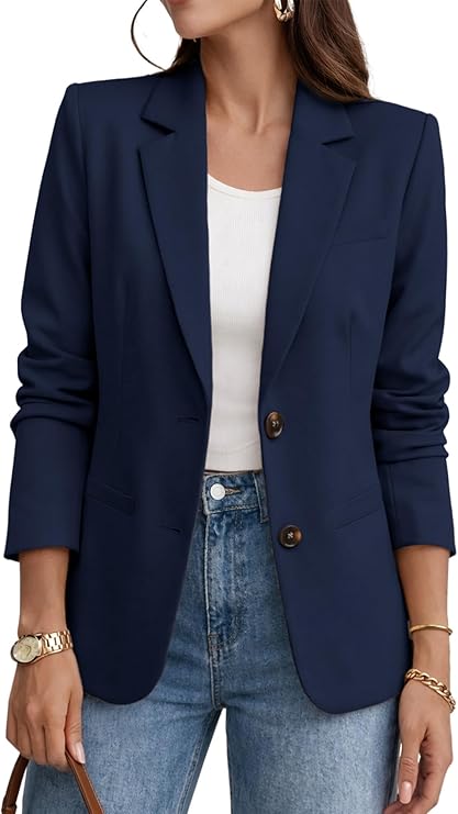 ELLEVEN Women's Long Sleeve Blazer Business Casual 2 Button Office Suit Jacket Slim Fit with Pockets