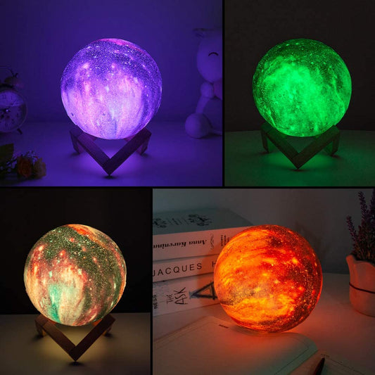 3D Galaxy Moon Lamp: 16-Color LED Night Light with Remote (Wooden Base)